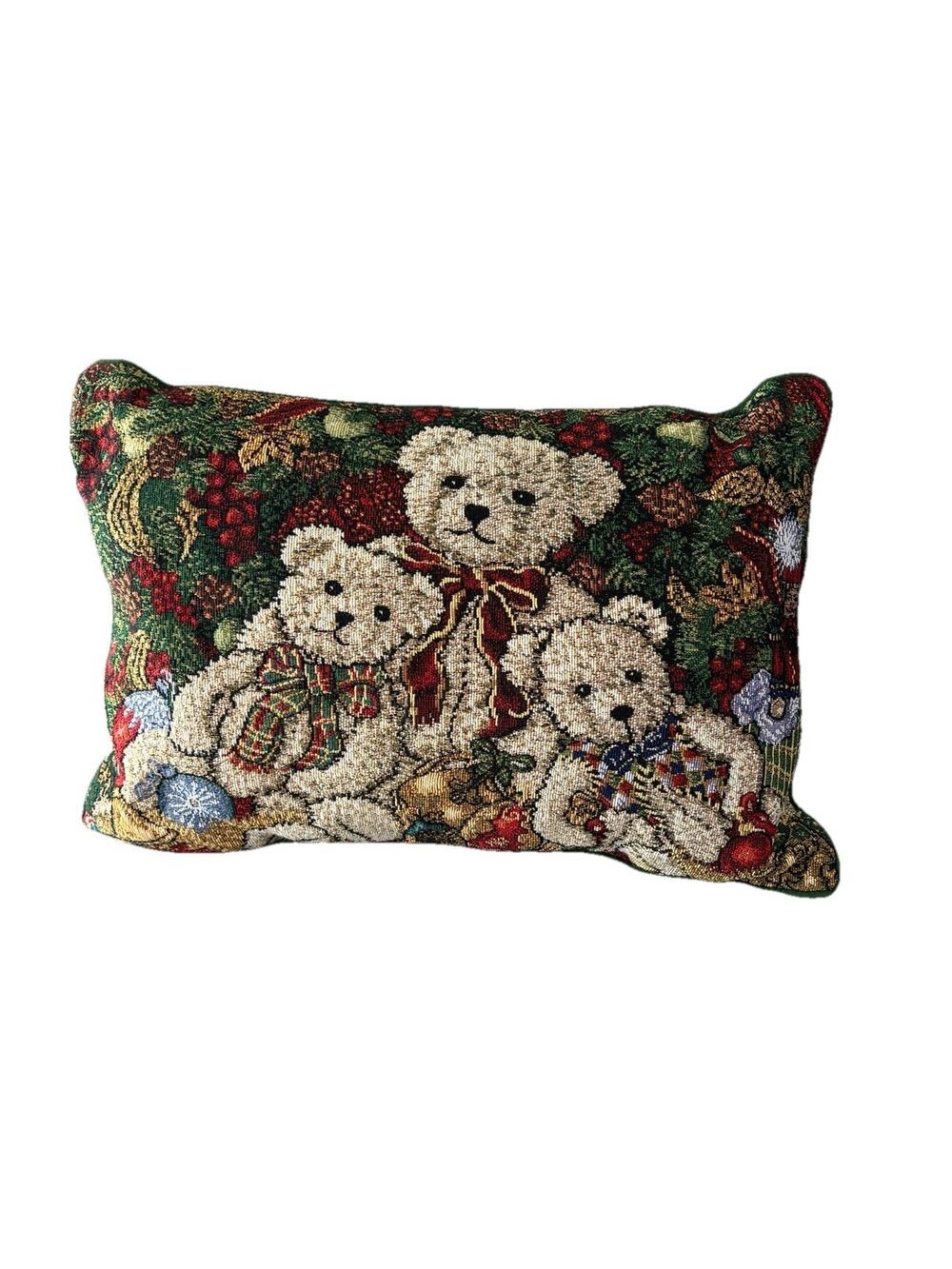 Tapestry Three Teddy Bear Christmas Throw Pillow 17x12 Gently Used
